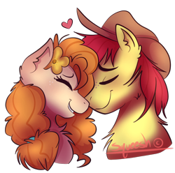 Size: 1840x1827 | Tagged: safe, artist:squeeesh, bright mac, pear butter, earth pony, pony, the perfect pear, boop, brightbutter, chest fluff, cute, ear fluff, eyes closed, female, flower, flower in hair, fluffy, heart, male, mare, noseboop, pearabetes, profile, shipping, simple background, smiling, stallion, straight, transparent background