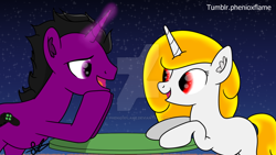 Size: 1024x576 | Tagged: safe, artist:phenioxflame, oc, oc only, oc:jimmy chap, oc:phenioxflame, unicorn, base used, chat, night, stars, table, watermark