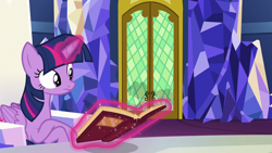 Size: 1280x720 | Tagged: safe, screencap, twilight sparkle, twilight sparkle (alicorn), alicorn, pony, not asking for trouble, book, magic, prone, solo, twilight's castle