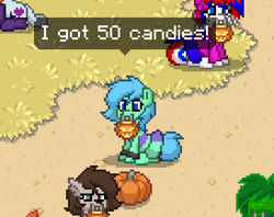 Size: 548x434 | Tagged: safe, oc, oc only, oc:spearmint, pony, bikini, clothes, crossdressing, halloween, holiday, male, mouth hold, pony town, pumpkin, pumpkin bucket, swimsuit, trap