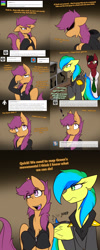 Size: 1500x3750 | Tagged: safe, artist:conmanwolf, scootaloo, oc, oc:aurora dawn, oc:dr. atmosphere, oc:green, oc:little monster, draconequus, pony, fanfic:rainbow factory, ask factory scootaloo, clothes, comic, crying, factory scootaloo, idea, monitor, silhouette