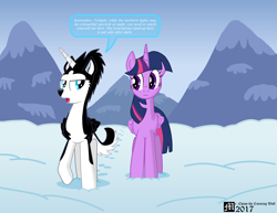 Size: 3300x2550 | Tagged: safe, artist:mrchaosthecunningwlf, artist:ponyvillechaos577, twilight sparkle, twilight sparkle (alicorn), oc, oc:frost cloud, alicorn, dialogue, husky, mountain, snow, twifrost