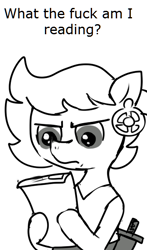 Size: 353x599 | Tagged: safe, artist:ficficponyfic, oc, oc only, oc:ruby rouge, earth pony, pony, angry, belt, child, clothes, colt quest, ear piercing, earring, female, filly, foal, frown, image macro, jewelry, knife, meme, monochrome, paper, piercing, reaction image, reading, scowl, shirt, solo, vulgar, what the fuck am i reading