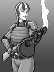 Size: 750x1000 | Tagged: safe, artist:wwredgrave, oc, oc only, oc:blackjack, cyborg, human, fallout equestria, fallout equestria: project horizons, amputee, black and white, body armor, combat shotgun, female, grayscale, gun, humanized, humanized oc, monochrome, prosthetic limb, prosthetics, shotgun, sketch, smoke, solo, weapon