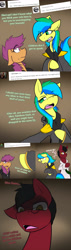 Size: 1500x5250 | Tagged: safe, artist:conmanwolf, scootaloo, oc, oc:aurora dawn, oc:dr. atmosphere, pony, fanfic:rainbow factory, ask factory scootaloo, clothes, comic, factory scootaloo