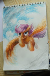Size: 800x1204 | Tagged: safe, artist:drawirm, scootaloo, pegasus, pony, aquarell, female, filly, flying, photo, scootaloo can fly, solo, traditional art, watercolor painting