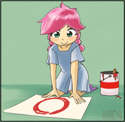 Size: 755x741 | Tagged: safe, artist:kprovido, kettle corn, human, marks and recreation, circle painting, clothes, dress, female, green background, humanized, kettlebetes, paint, paint bucket, simple background, solo, that pony sure does love circles