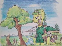 Size: 1280x960 | Tagged: safe, artist:thehuskylord, oc, oc only, pony, bandage, canteen, clothes, cloud, coat, forest, grass, holster, male, mountain, musket, pine tree, river, solo, stallion, thousand yard stare, tired, traditional art, tree, uniform