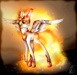 Size: 4364x4242 | Tagged: safe, artist:norica-official, daybreaker, pony, a royal problem, absurd resolution, grin, mane of fire, raised hoof, smiling, solo, spread wings, wings