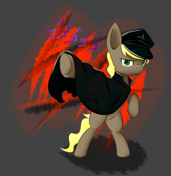 Size: 3302x3393 | Tagged: safe, artist:lofis, oc, oc only, oc:perseus, earth pony, pony, bipedal, cape, clothes, danganronpa, hat, male, menacing, solo, stallion