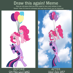 Size: 3000x3000 | Tagged: safe, artist:squipycheetah, derpibooru import, pinkie pie, twilight sparkle, twilight sparkle (alicorn), alicorn, earth pony, pony, before and after, cute, draw this again, female, improvement, lesbian, redraw, shipping, twinkie