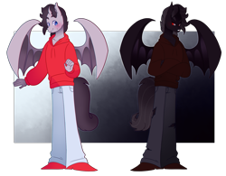 Size: 1489x1163 | Tagged: safe, artist:ruhiana, oc, oc only, oc:the darkness, alicorn, anthro, bat pony, bat pony alicorn, alicorn oc, anthro oc, bat wings, dark skin, light skin, male, ponysona, simple background, transparent background