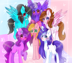 Size: 1200x1040 | Tagged: safe, artist:miraflower, artist:windymils, oc, oc only, earth pony, pegasus, pony, unicorn, bow, female, hair bow, mare