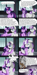 Size: 2280x4631 | Tagged: safe, artist:pridark, part of a set, twilight sparkle, twilight sparkle (alicorn), twilight velvet, oc, alicorn, pony, unicorn, chair, comic, commission, crying, dialogue, director, director's chair, female, mare, mother and child, mother and daughter, parent and child, pregnant, sad, speech bubble, tears of joy, window