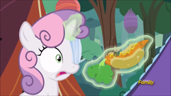 Size: 1920x1080 | Tagged: safe, screencap, sweetie belle, fly-der, pony, campfire tales, carrot, carrot dog, discovery family logo, food, magic, solo, telekinesis, tent