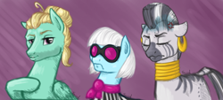 Size: 1280x579 | Tagged: safe, artist:farcuf, photo finish, zecora, zephyr breeze, zebra, :c, annoyed, duckface, expression, eyes closed, frown, glasses, simple background, wavy mouth