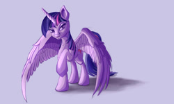 Size: 2000x1200 | Tagged: safe, artist:foughtdragon01, twilight sparkle, twilight sparkle (alicorn), alicorn, pony, female, looking at you, mare, raised hoof, simple background, smiling, solo, standing