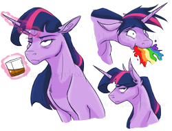 Size: 1656x1268 | Tagged: safe, artist:legally-psychotic, twilight sparkle, mentally advanced series, alcohol, floppy ears, glass, lightly watermarked, puking rainbows, simple background, solo, transparent background, unamused, watermark, whiskey