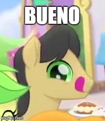 Size: 246x284 | Tagged: safe, edit, edited screencap, screencap, apple fritter, golden delicious, earth pony, pony, my little pony: the movie, apple family member, background pony, bueno, caramel apple, female, festival of friendship, image macro, licking, licking lips, looking at you, male, mare, meme, reaction image, solo focus, stallion, tongue out