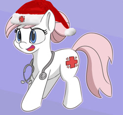 Size: 800x752 | Tagged: safe, alternate version, artist:treekickerdraws, edit, nurse redheart, pony, adorable face, adoredheart, christmas, cute, female, funny, hat, heartabetes, holiday, mare, open mouth, purple background, santa hat, simple background, smiling, solo, stethoscope