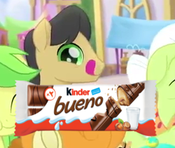 Size: 325x274 | Tagged: safe, edit, edited screencap, screencap, apple fritter, golden delicious, granny smith, pony, my little pony: the movie, apple family member, background pony, bueno, caramel apple, female, festival of friendship, kinder bueno, male, mare, reaction image, stallion, tongue out