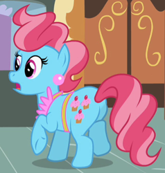 Size: 421x442 | Tagged: safe, screencap, cup cake, earth pony, pony, lesson zero, apron, clothes, cropped, ear piercing, earring, female, jewelry, mare, piercing, plot, solo