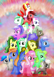 Size: 1600x2263 | Tagged: safe, artist:jucamovi1992, oc, oc only, oc:deep sea, oc:elegant star, oc:marine foam, oc:red scarlet, oc:sea dew, earth pony, merpony, pegasus, pony, unicorn, female, looking at you, male, mare, open mouth, pile, smiling, stallion