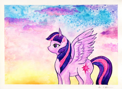 Size: 1200x876 | Tagged: safe, artist:kaikaku, twilight sparkle, twilight sparkle (alicorn), alicorn, pony, female, mare, smiling, solo, traditional art