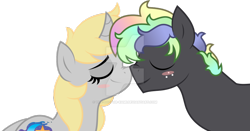 Size: 1024x537 | Tagged: safe, artist:the-doctor-kami, oc, oc only, oc:kami, pony, blush sticker, blushing, female, male, oc x oc, shipping, simple background, straight, transparent background, watermark