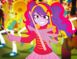 Size: 1724x1332 | Tagged: safe, artist:fantasygerard2000, oc, oc only, oc:rhythm punk, equestria girls, clothes, drumsticks, female, grin, marching band, smiling, solo focus