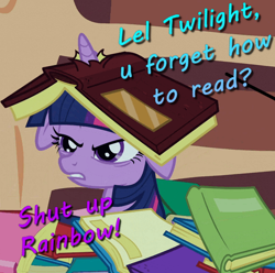 Size: 524x520 | Tagged: safe, screencap, twilight sparkle, annoyed, book, floppy ears, golden oaks library, implied rainbow dash, shut up