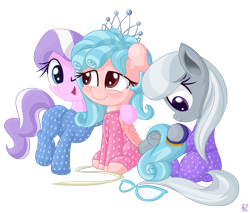 Size: 2262x1927 | Tagged: safe, artist:vito, cozy glow, diamond tiara, silver spoon, earth pony, pegasus, pony, a better ending for cozy, alternate hairstyle, blushing, brush, combing, female, filly, glasses, glasses off, hug, pajamas, ribbon, simple background, tiara, transparent background, trio