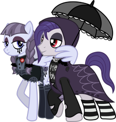 Size: 1496x1578 | Tagged: safe, artist:lightningbolt, derpibooru exclusive, funnel web, inky rose, pegasus, pony, honest apple, .svg available, braid, button, cape, clandestine industries, clothes, emo, eyeliner, eyeshadow, female, goth, hood, hooded cape, hug, inkyweb, jewelry, lanky, looking at each other, makeup, male, mare, model, my chemical romance, necklace, raised hoof, ripped, ripped shirt, running makeup, shipping, shirt, simple background, sleeping with sirens, socks, spider web, stallion, standing, straight, striped socks, svg, tall, transparent background, umbrella, vector, wing hold, winghug