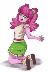 Size: 2362x3507 | Tagged: safe, artist:sumin6301, cheerilee, equestria girls, cheeribetes, cute, female, kneeling, looking at you, looking back, looking back at you, simple background, smiling, smiling at you, solo