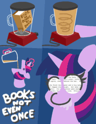 Size: 534x688 | Tagged: safe, artist:threetwotwo32232, twilight sparkle, pony, animated, blender (object), blue background, book, bookhorse, comic, drinking, drool, female, gif, levitation, magic, mare, newbie artist training grounds, not even once, open mouth, shaking, simple background, smiling, solo, telekinesis, terminator 2, text, that pony sure does love books, tl;dr, wat