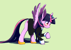 Size: 2894x2039 | Tagged: safe, artist:unousaya, twilight sparkle, twilight sparkle (alicorn), alicorn, pony, blushing, clothes, dress, embarrassed, embarrassed underwear exposure, female, mare, panties, raised hoof, shoes, simple background, solo, spread wings, underwear, white underwear, wings