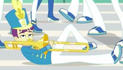 Size: 533x304 | Tagged: safe, screencap, better together, equestria girls, a queen of clubs, background human, clothes, cropped, hat, male, pants, shoes, trombone