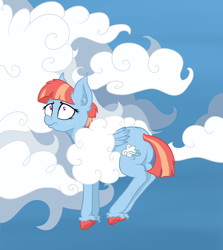 Size: 1780x1998 | Tagged: safe, artist:paskanaakka, derpibooru exclusive, windy whistles, pegasus, pony, butt freckles, cloud, colored hooves, ear fluff, female, freckles, mare, solo, stuck, unshorn fetlocks