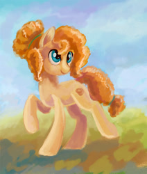 Size: 600x706 | Tagged: safe, artist:maytee, pear butter, earth pony, pony, female, hair bun, mare, raised hoof, smiling, solo