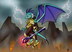 Size: 1699x1223 | Tagged: safe, artist:takutanuvataio, dragon lord ember, princess ember, dragon, gauntlet of fire, armor, bloodstone scepter, female, flying, solo