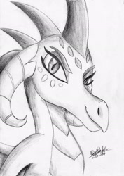 Size: 1646x2321 | Tagged: safe, artist:3500joel, princess ember, dragon, female, monochrome, signature, solo, traditional art