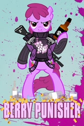 Size: 600x900 | Tagged: safe, alternate version, artist:pixelkitties, berry punch, berryshine, earth pony, pony, bipedal, bottle, clothes, colored background, drink, female, gun, mare, movie poster, parody, punisher, rifle, solo, the punisher, weapon