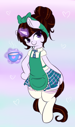 Size: 2475x4162 | Tagged: safe, artist:wickedsilly, oc, oc only, oc:starfishkitty, pony, apron, bipedal, clothes, cup, female, gift art, hair bun, looking at you, mare, smiling, solo, waitress