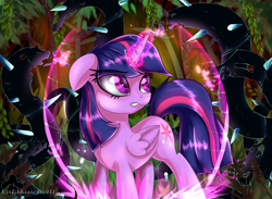 Size: 3000x2200 | Tagged: safe, artist:katakiuchi4u, twilight sparkle, twilight sparkle (alicorn), alicorn, pony, princess twilight sparkle (episode), colored pupils, commission, everfree forest, female, force field, magic, mare, solo, thorns, vine