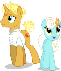 Size: 5097x5872 | Tagged: safe, artist:illumnious, gourmand ramsay, serena, earth pony, pony, unicorn, spice up your life, absurd resolution, background pony, clothes, duo, female, flower, flower in hair, gordon ramsay, male, mare, ponified, simple background, smiling, stallion, transparent background, vector