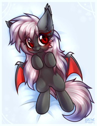 Size: 1621x2100 | Tagged: safe, artist:gicme, oc, oc only, oc:dusty fang, bat pony, pony, bat pony oc, bed, bedsheets, blushing, cute, fluffy