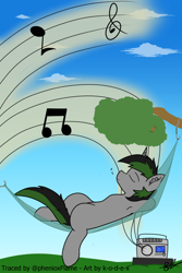 Size: 900x1350 | Tagged: safe, artist:k-o-d-e-x, artist:phenioxflame, oc, oc only, oc:spectrum heat, armpits, hammock, music, music notes, raido, relaxing, trace