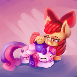 Size: 2000x2000 | Tagged: safe, artist:discorded, apple bloom, sweetie belle, adorabloom, cuddling, cute, diasweetes, female, filly, hnnng, sleeping, smiling