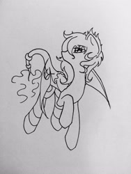 Size: 3024x4032 | Tagged: safe, artist:adetuddymax, oc, oc only, oc:black frost, bat pony, pony, absurd resolution, dragon tail, female, looking up, request, solo, traditional art