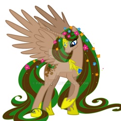 Size: 736x736 | Tagged: safe, artist:parkapassions, oc, oc only, alicorn, pony, alicorn oc, crown, flower, flower in hair, horn, jewelry, princess natura, regalia, smiling, wings